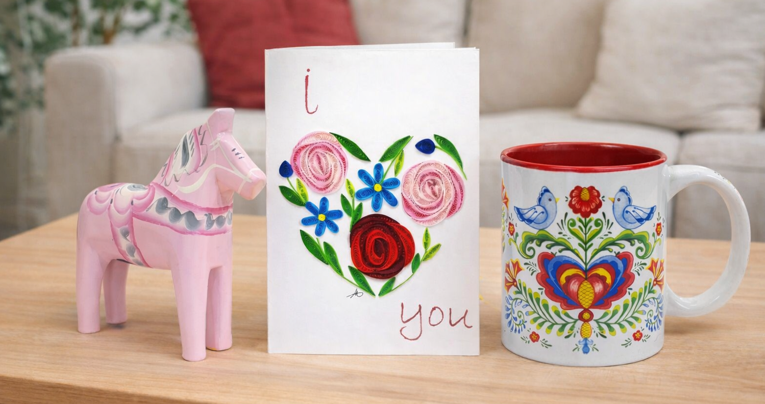 A pink wooden horse, a card with a heart made of flowers and I love you text, and a mug with a colorful floral design sit on a wooden table in a living room.