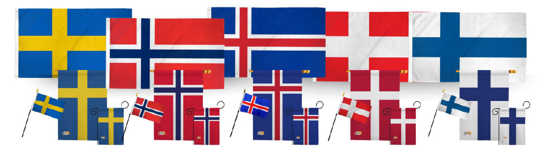 Flags of Finland, Iceland, Norway, Sweden, and Denmark flying on flagpoles against a clear blue sky.