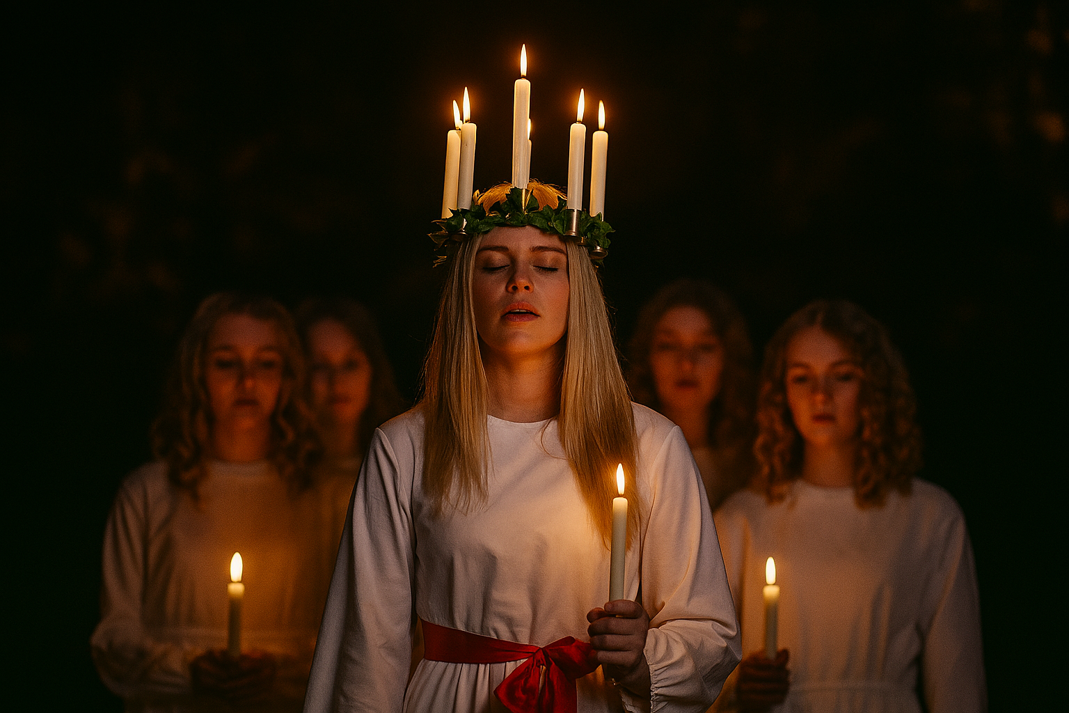 A child wears a gold crown with five upright white electric candles, each glowing at the tip. The crown is decorated with star patterns.