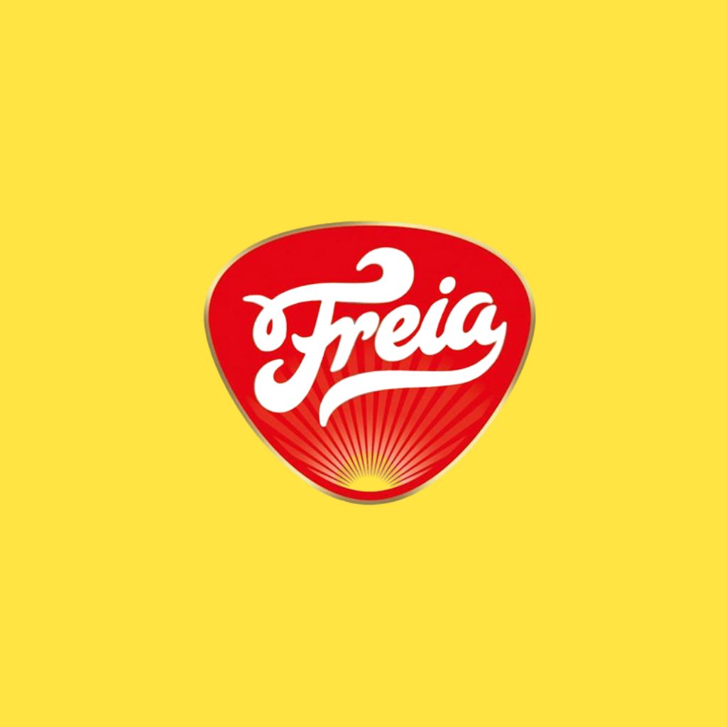 Red Freia logo with stylized white text on a yellow background.