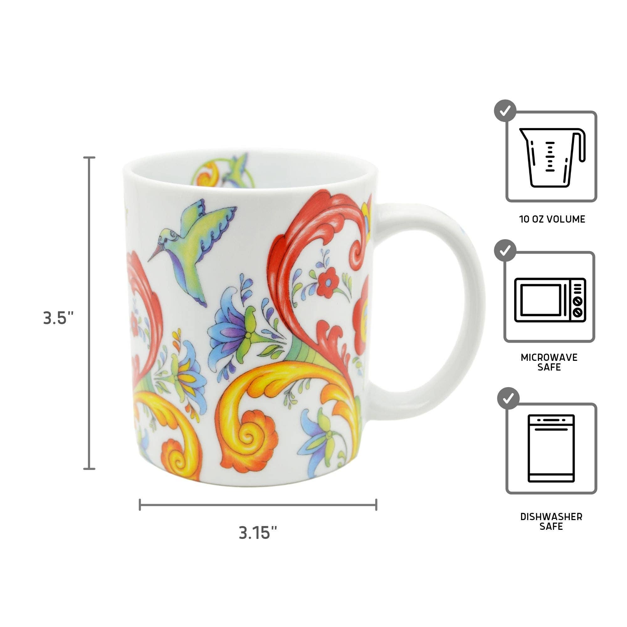 The Mug: Colorful Rosemaling Coffee Mug 12 oz is a white ceramic mug with vibrant floral and scroll designs. It measures 3.5" tall by 3.15" wide, is microwave and dishwasher safe, and ideal for your favorite coffee.
