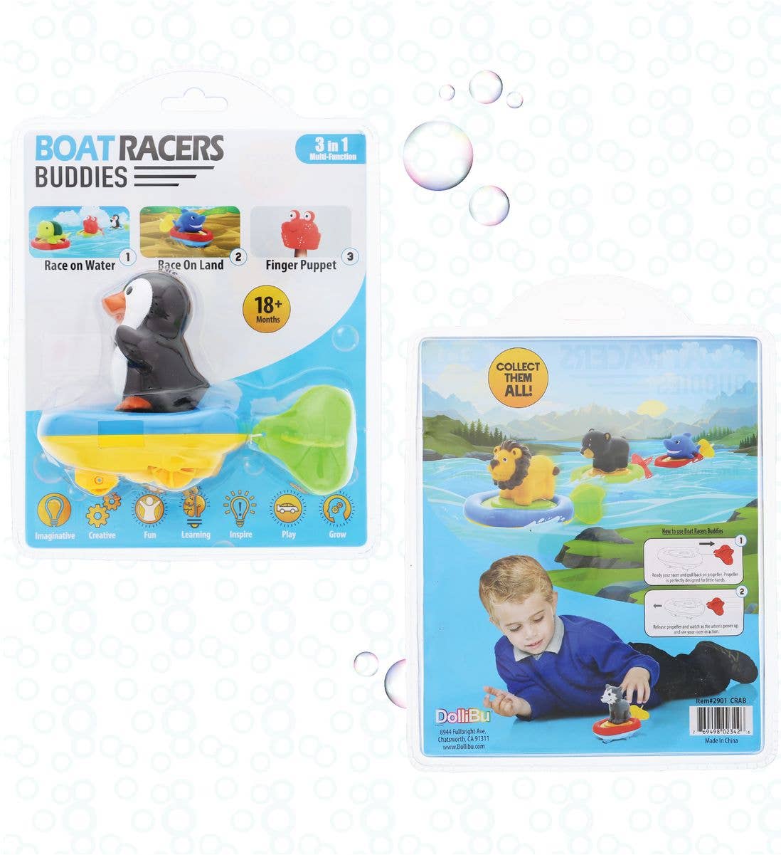 Front and back packaging of Bath Toy: Penguin Boat Racers Buddy, showing a penguin bath toy on a boat, product info, and a child enjoying this pull-and-go racer for educational water play.