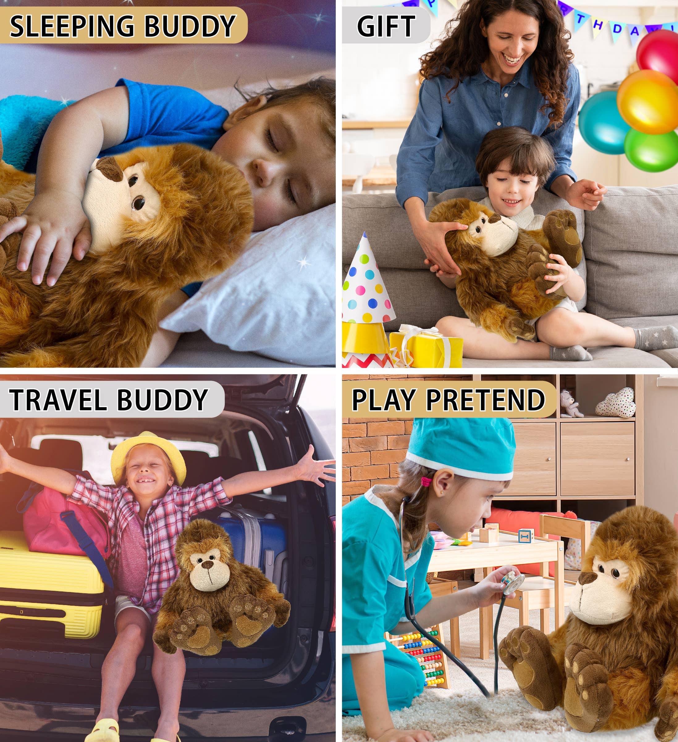 Collage shows kids enjoying the Plush: Super-Soft Big Foot Stuffed Plush as a cozy sleeping buddy, birthday gift, travel companion, and pretend play toy dressed as a nurse.