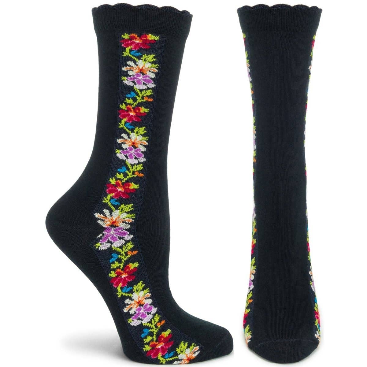 A pair of Ozone Womens Nordic Stripe Crew Socks in heather charcoal, featuring a vertical stripe of colorful flowers along the sides.
