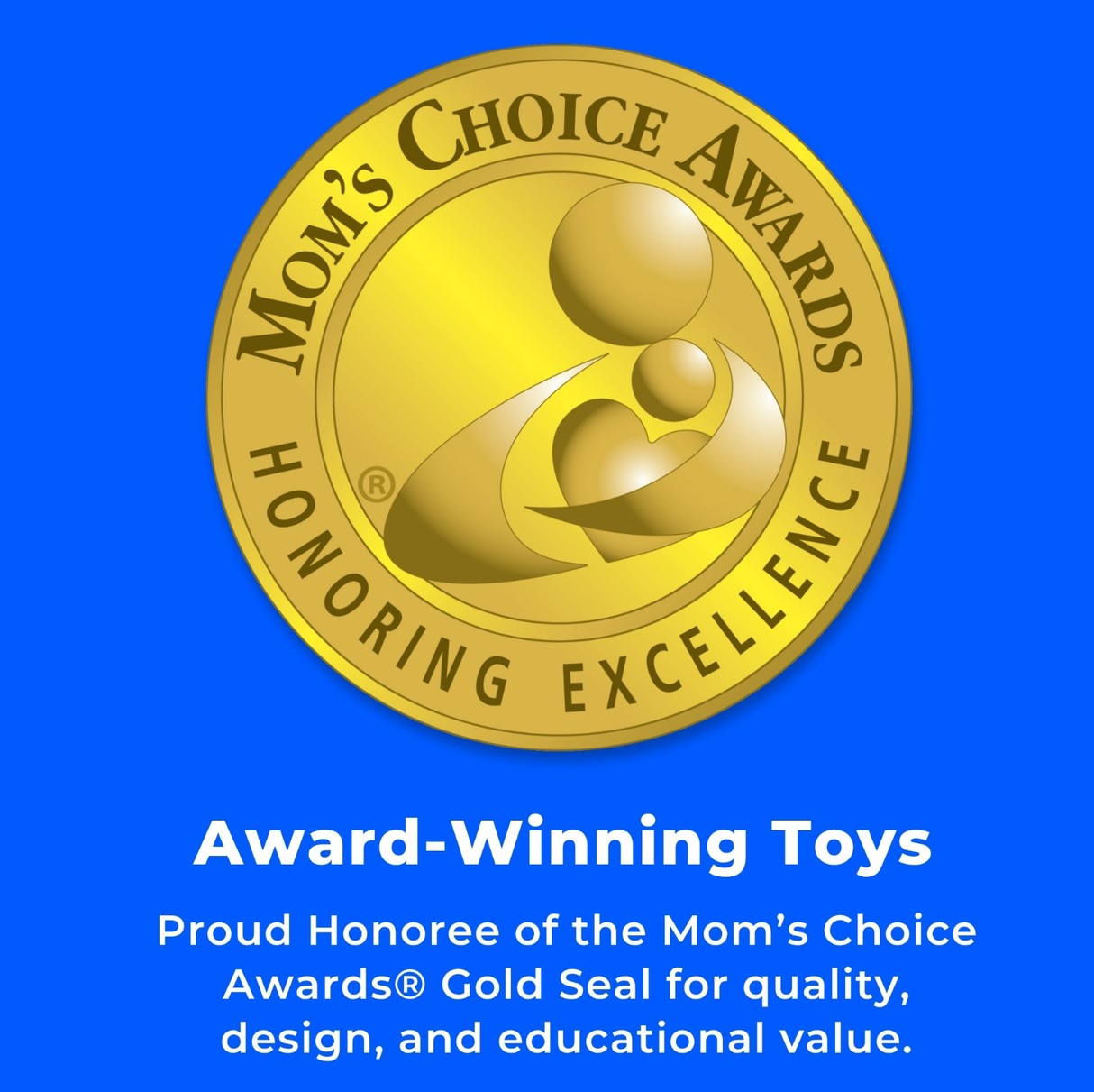 Gold Moms Choice Awards seal with stylized figures, text reads: Award-Winning Toys. Proud recipient of the Moms Choice Awards® Gold Seal for quality, design, and educational value. The Petting Zoo’s Plush: Cow 8″ (20cm) Wild Onez Cow Stuffed Animal is an eco-friendly plush toy featuring a charming cow design crafted from recycled materials, shown on a blue background.