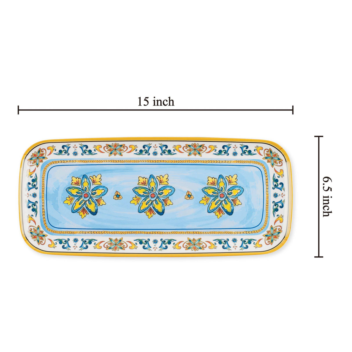 Rectangular tray with blue and yellow floral patterns, measuring 15 inches long by 6.5 inches wide, displayed on a plain background.
