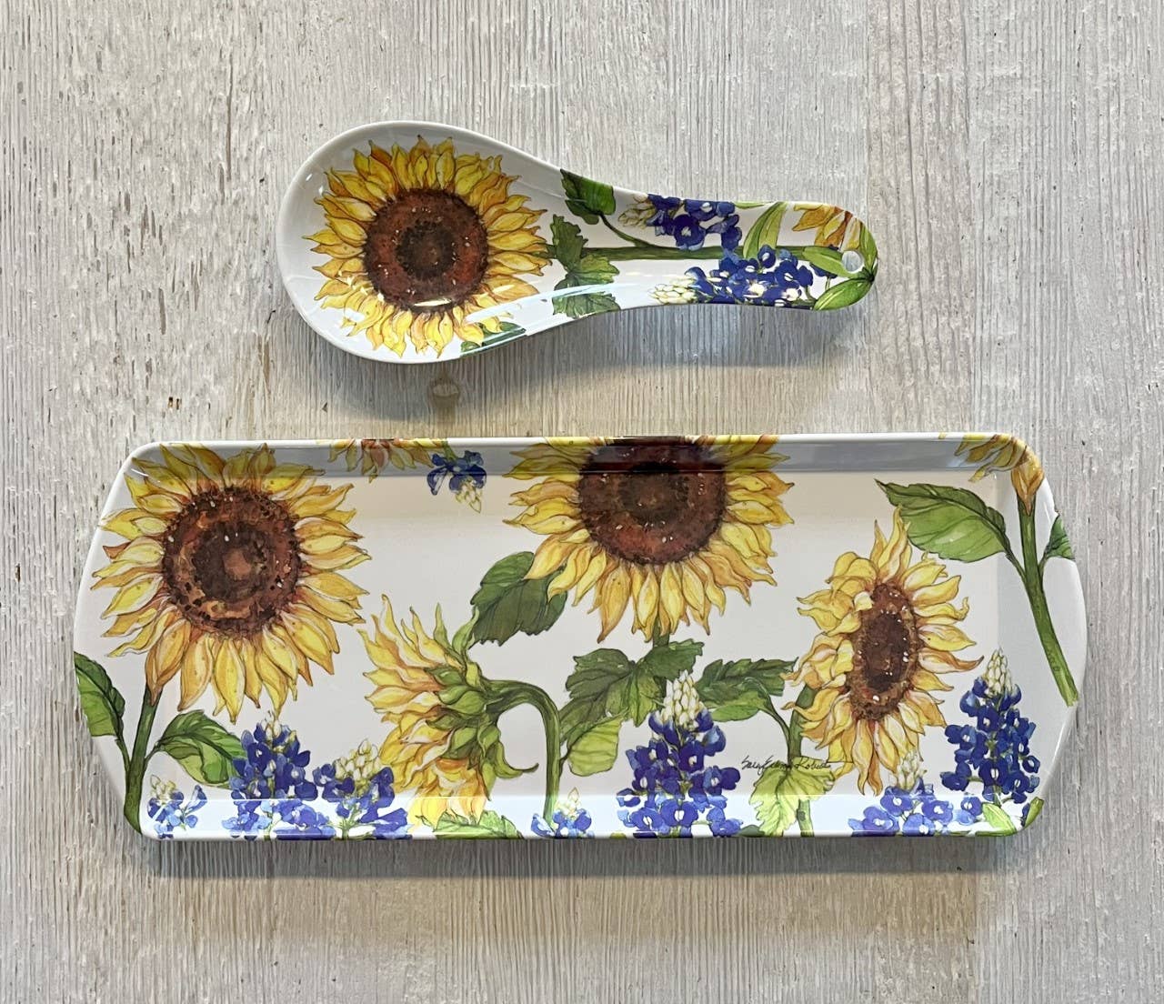 The Spoon Rest: Sunflower & Bluebonnets Floral Flowers Bamboo Spoon Rest features sunflowers and bluebonnets on bamboo, making it a charming, eco-friendly addition to any kitchen or dinnerware collection.
