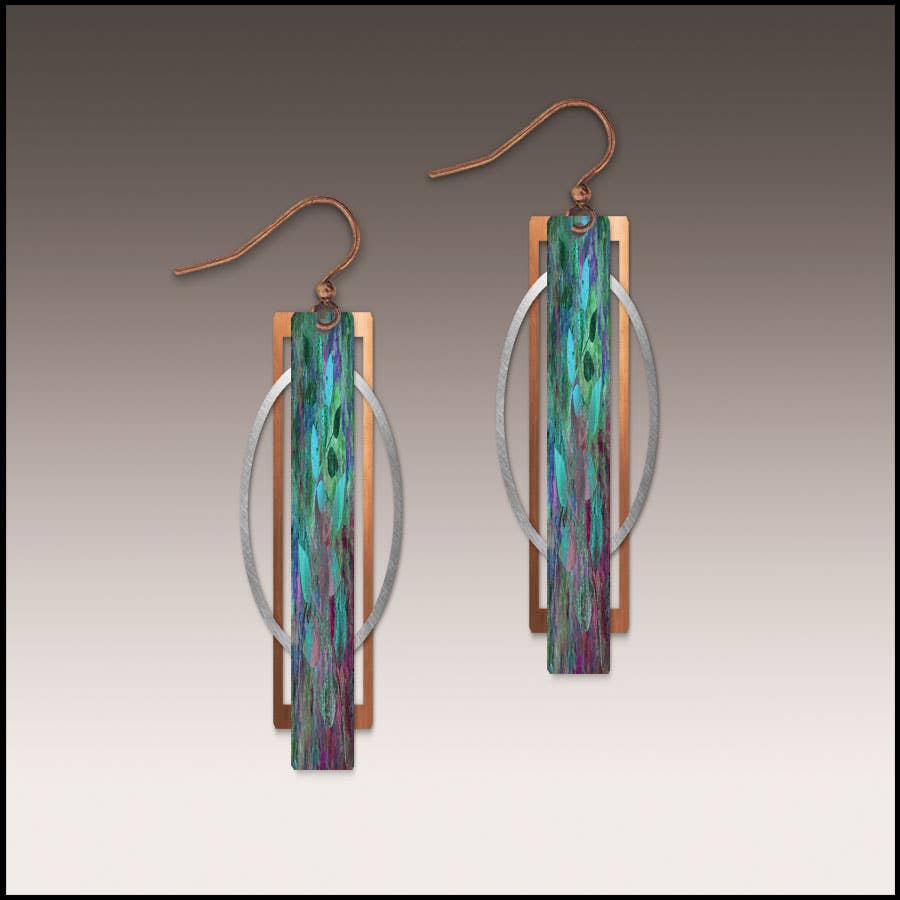 Handmade Teal Purple Geometric Multilayer Metal Accent Earrings with rectangular multicolored bars, copper hooks, silver oval details, and dangle design—set against a gradient background.