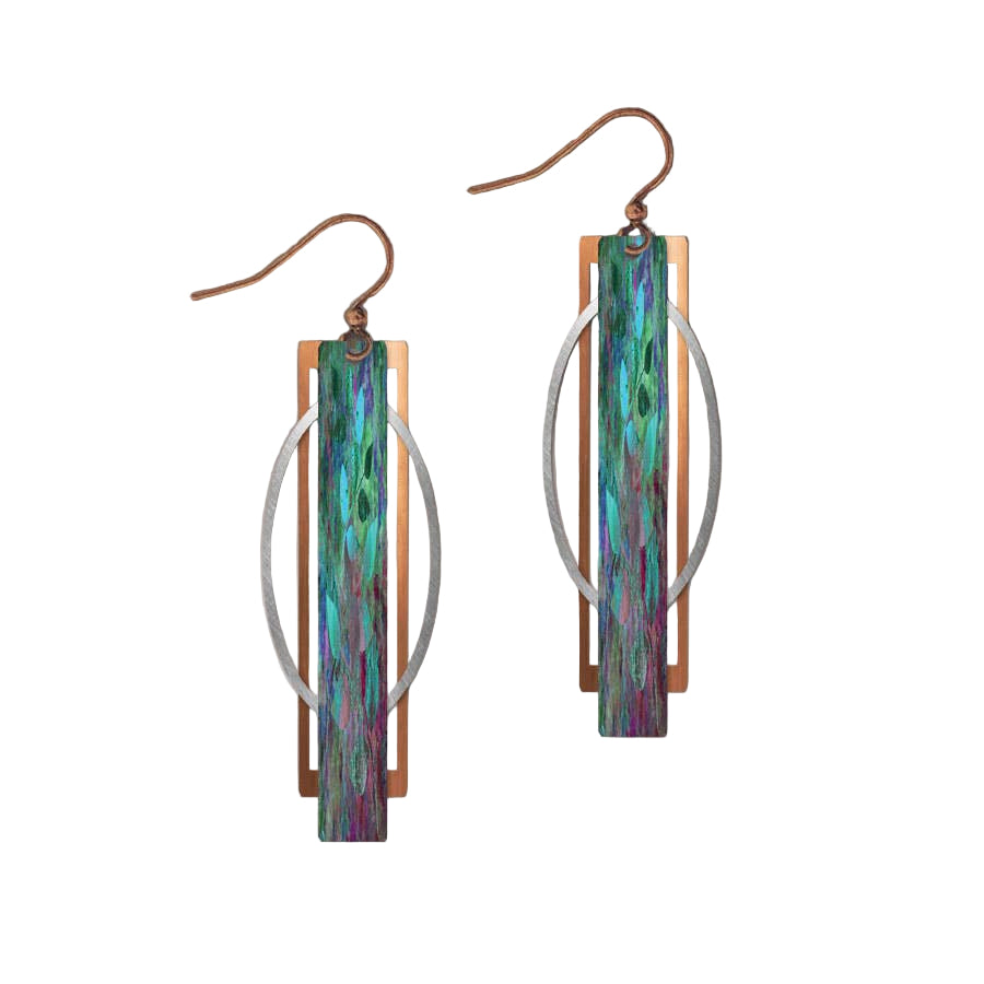Handmade Teal Purple Geometric Multilayer Metal Accent Earrings with rectangular multicolored bars, copper hooks, silver oval details, and dangle design—set against a gradient background.