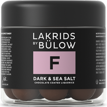 A 295g jar of Lakrids by Bülow #F Dark & Sea Salt Danish chocolate coated licorice.