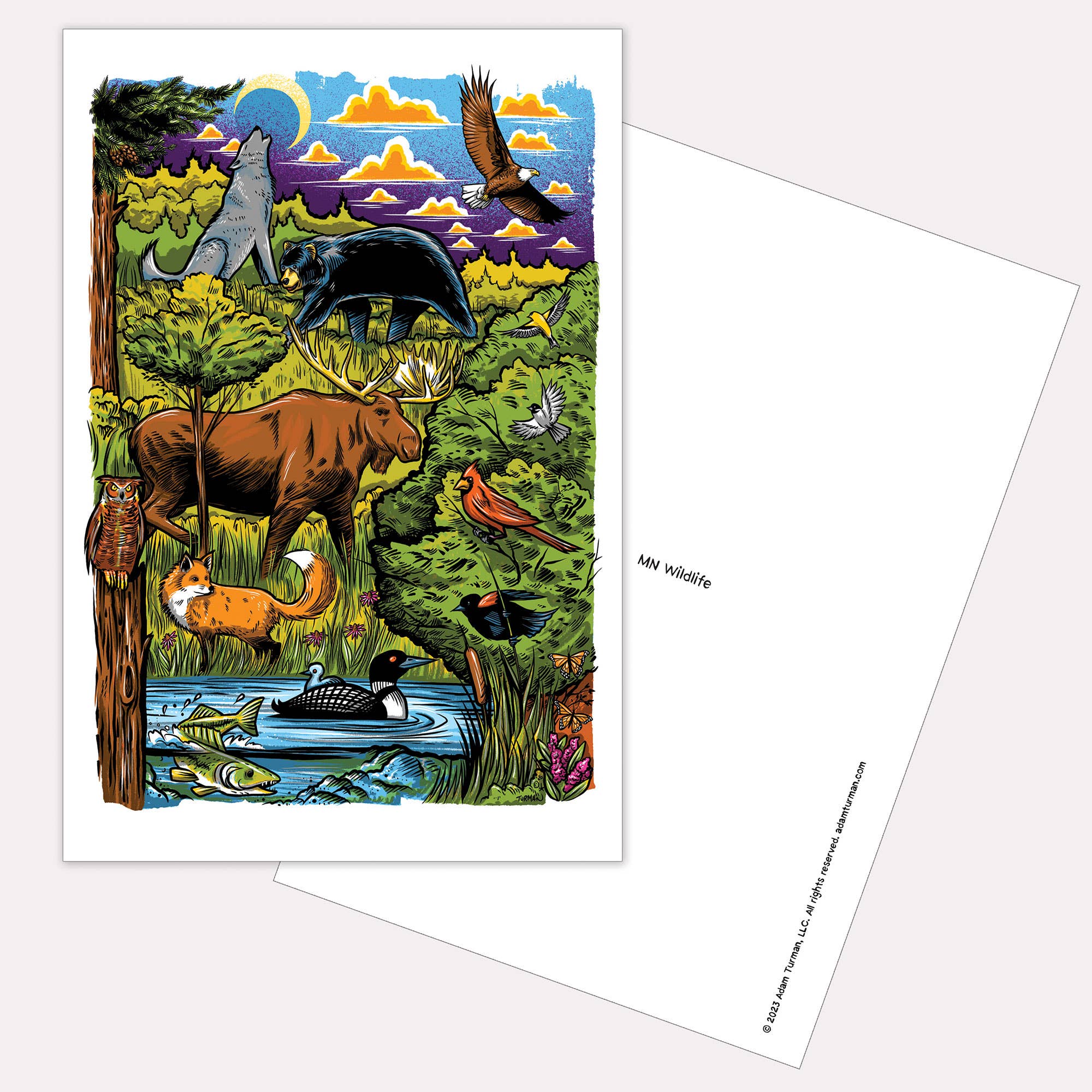 Featuring a colorful forest scene with moose, bear, and wolf, Postcards: MN Abbey Road is a perfect Minnesota collectible. This postcard has a blank back for your message.