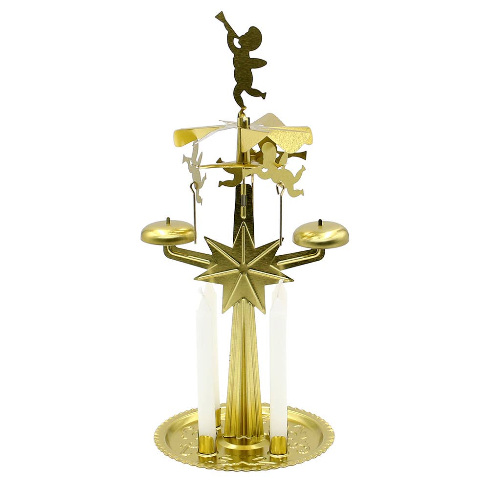 The Candle Holder: Angel Bell Rotary Candle Holder Lichter-Glocken-Spiel Lighted-Bell Pyramid features spinning angel figures, a star design, and four white candles—a charming German-made Christmas Chimes decoration.
