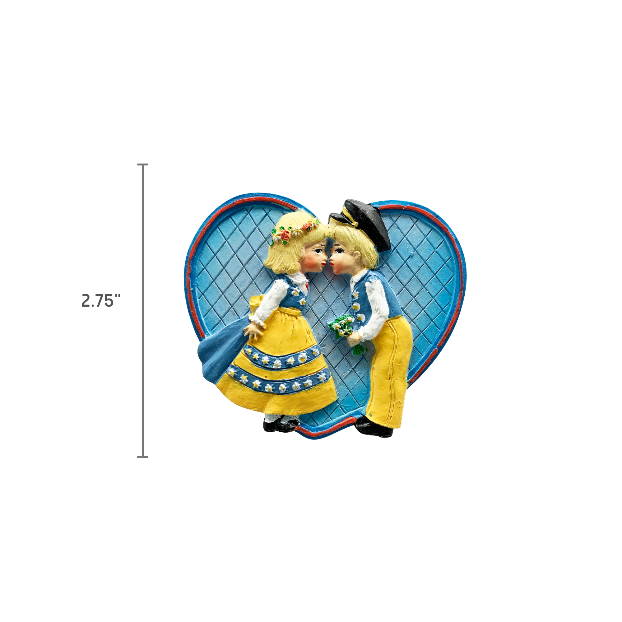 The Swedish Kissing Couple is depicted as two doll-like figures in traditional attire, poised on tiptoe for a kiss against a blue heart-shaped backdrop. A vertical measurement line to the left marks their height at 2.75 inches, making it an ideal novelty gift or charming kitchen accessory. This item is known as the "Magnet: Swedish Kissing Couple Party Favor Kitchen Magnet.