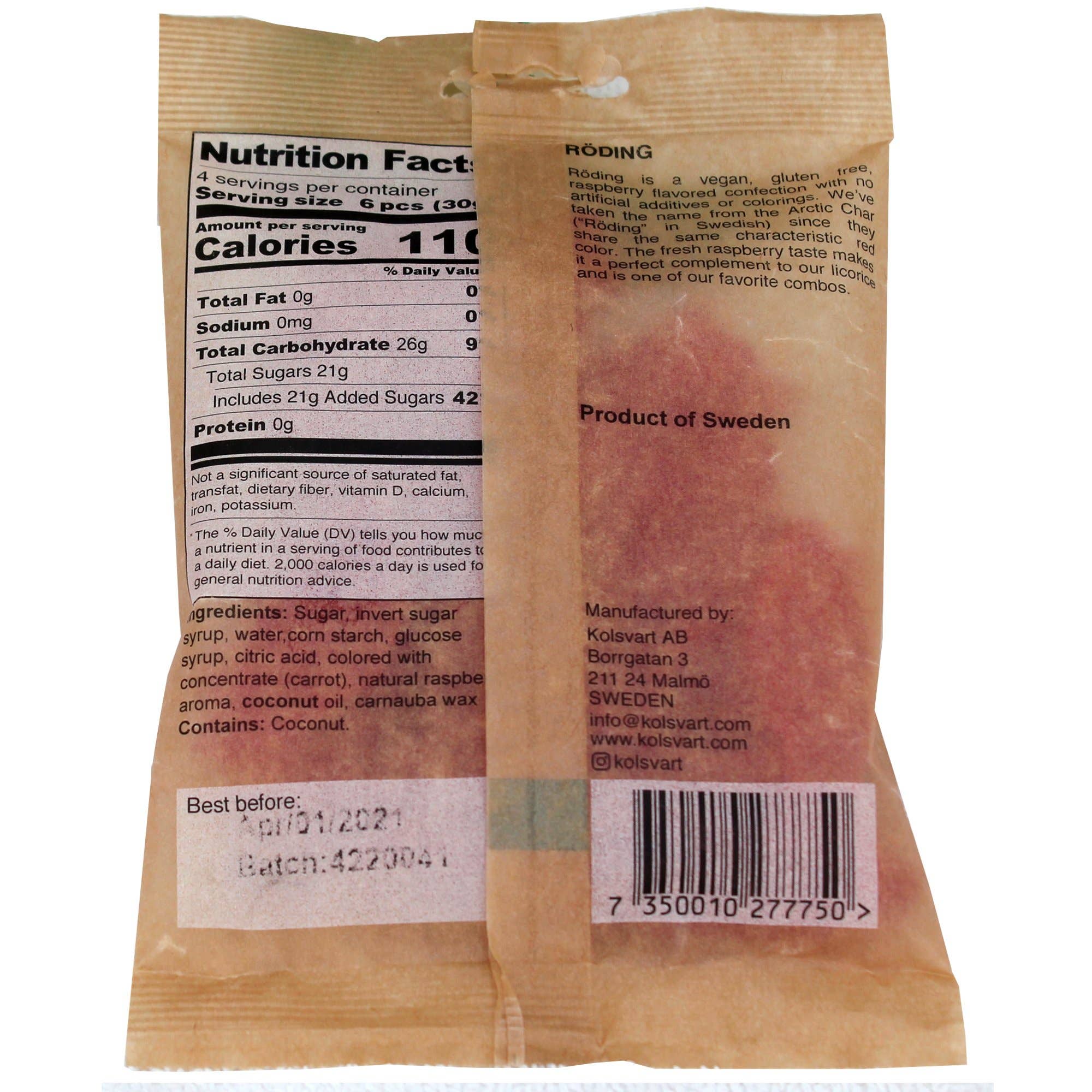 The back of the Kolsvart Raspberry Sweet Swedish Fish (120g) package provides nutritional facts, ingredients, and origin details. It includes a barcode and a best before date of October 2021, offering a delightful raspberry flavor with classic licorice notes.