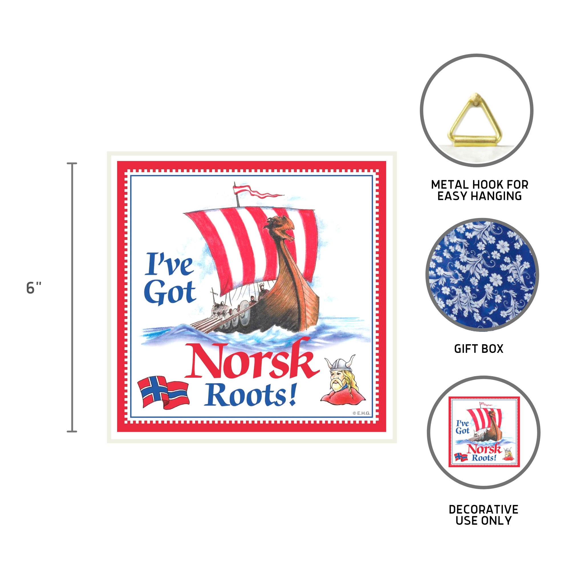 Tile: I've Got Norsk Roots – Norwegian Wall Tile (6x6 inches) with Viking ship, Norwegian flag, and "I've Got Norsk Roots!" text. Great wall decor or gift. Includes metal hook, gift box; decorative use only.
