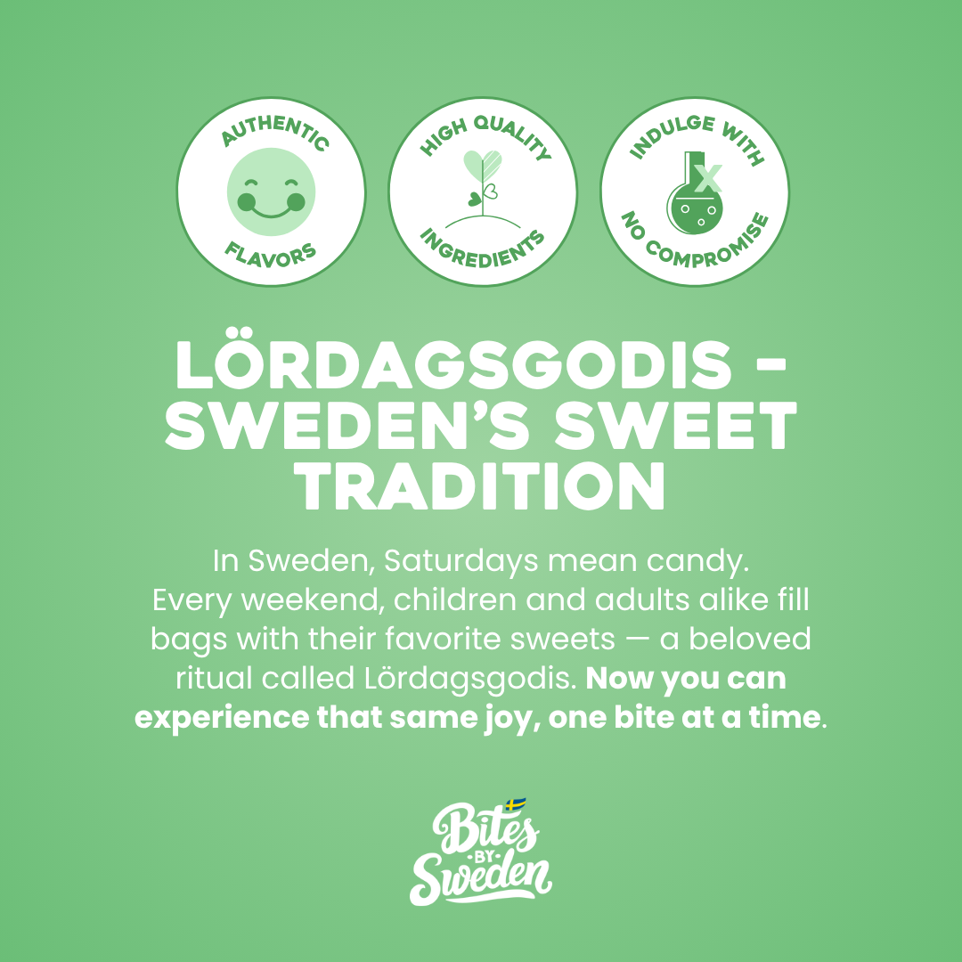 Green graphic with text about Lördagsgodis, Sweden’s Saturday candy tradition, and images of Swedish gummy candy. Scandinavian design elements are visible.