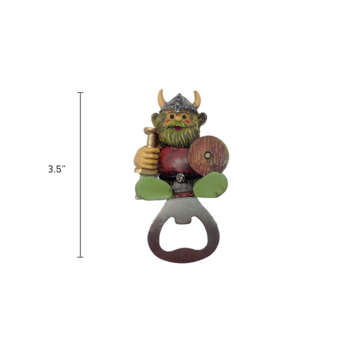 The Magnet: Norwegian Viking Refrigerator Magnet Bottle Opener is a 3.5-inch Viking-shaped magnet with a horned helmet, shield, and sword—perfect as a unique Scandinavian gift and functional bottle opener.