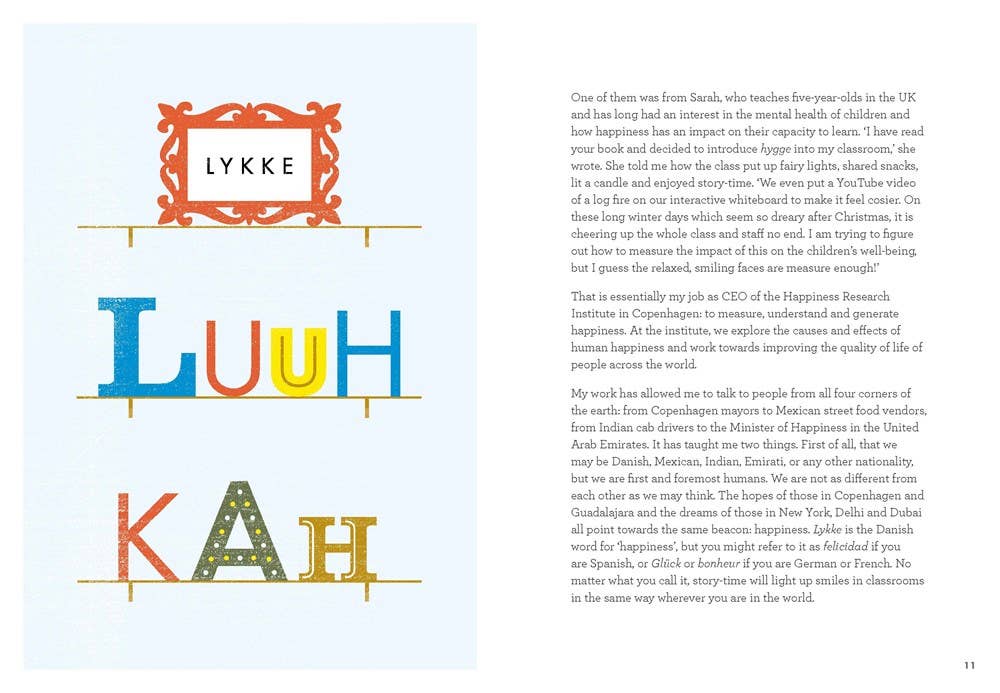 A page from the Little Book of Lykke by Meik Wiking shows a decorative LYKKE sign above bold, colorful letters spelling LUUH KAH on the left, with English text on the right about Wiking’s insights into happiness.