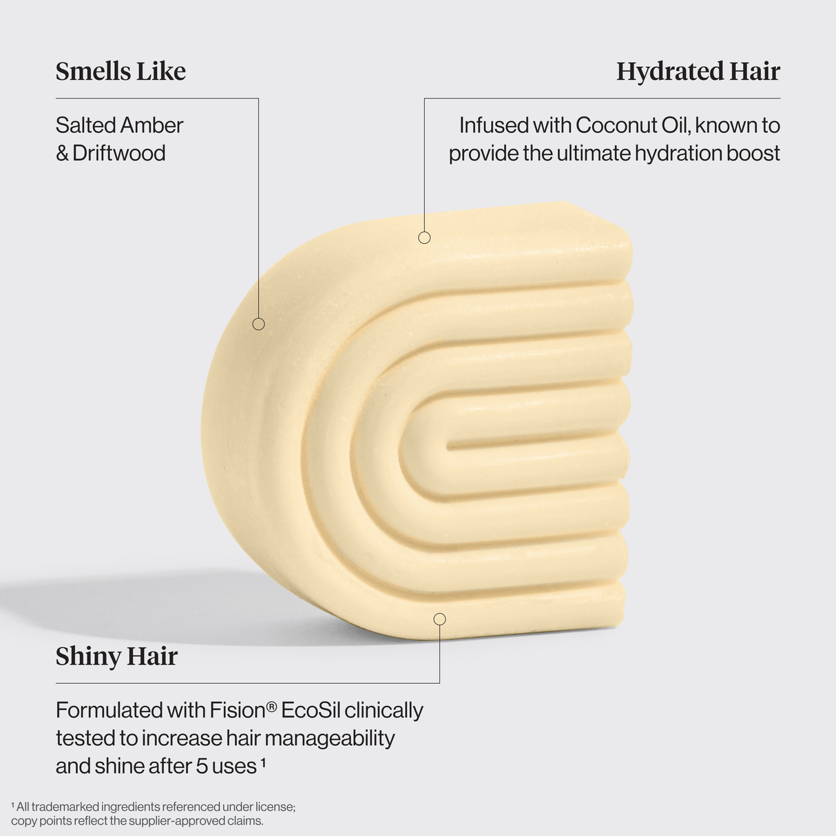 The beige, curved Hair: Coconut Oil Shampoo & Conditioner Bar Combo by Kitsch features a Salted Amber & Driftwood scent, hydrates dry, damaged hair with coconut oil, and adds shine through Fision® EcoSil. Includes two 2.7oz bars.