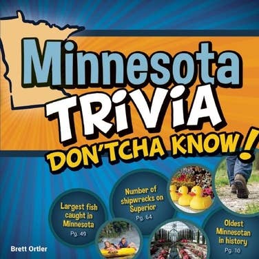 Book cover for Minnesota Trivia – Don’tcha Know! by Brett Ortler features quirky roadside attractions, Minnesota’s outline, trivia themes, ducks, a fish, Lake Superior kayaking scenes, and a historic site.