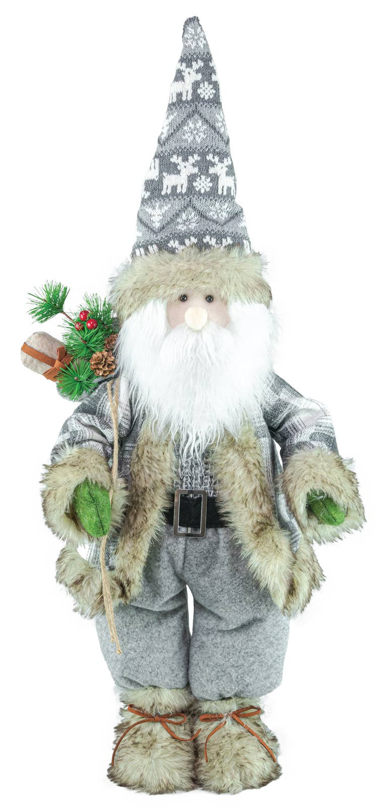 Gnome with long white beard, gray hat and coat, holding a pine branch with red berries, wearing furry mittens and boots.