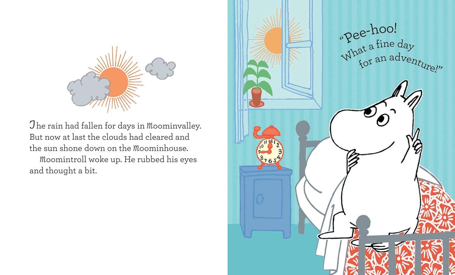A playful Moomintroll sits up in bed with an alarm clock and plant nearby, as sun and clouds shine through the window—a whimsical scene from Moomin and the Moonlight Adventure by Tove Jansson.