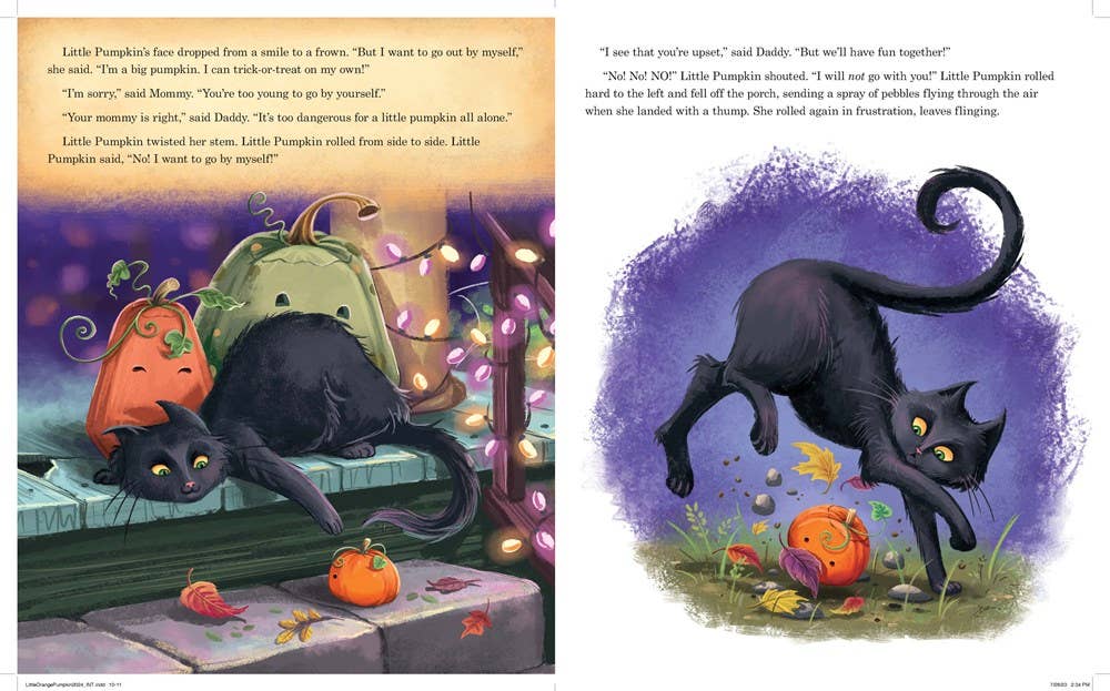 A black cat sits by pumpkins and leaves with the Book: Little Orange Pumpkin by Erin Guendelsberger; to the right, the cat leaps after a rolling pumpkin outdoors, starting a delightful Halloween adventure.