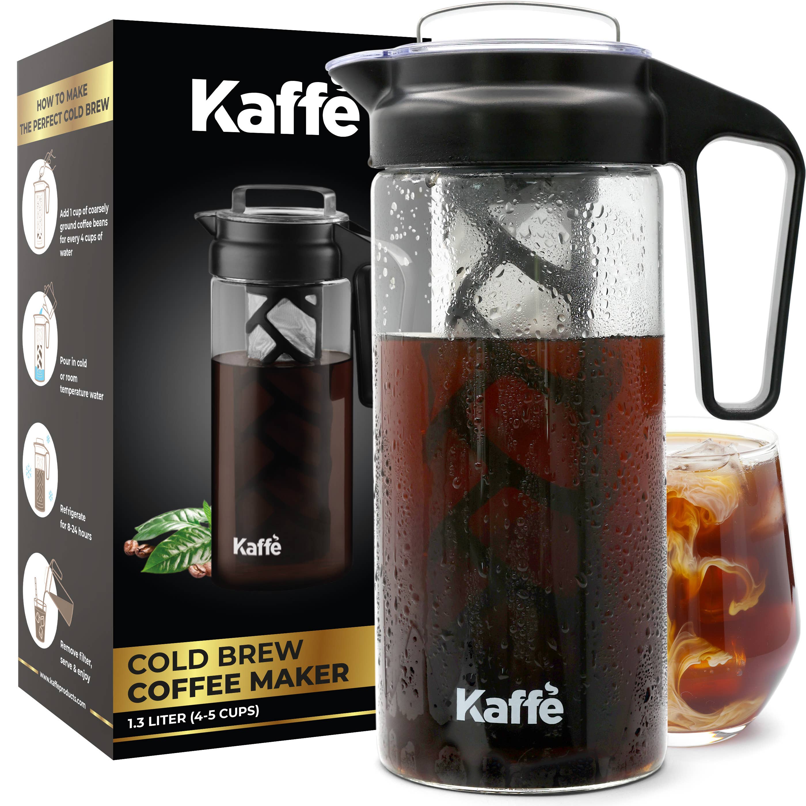 The Kaffe Cold Brew Coffee Maker, Glass Coffee Pitcher (1.3L) with a borosilicate glass carafe is shown in front of its packaging, alongside a glass of iced coffee. The box highlights instructions and branding.