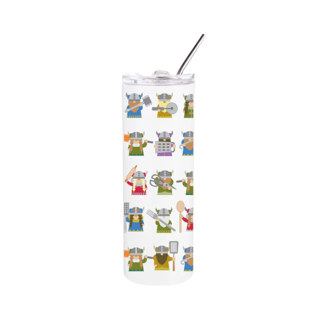 The 20 oz. Straight Insulated Tumbler features Kitchen Vikings artwork by Cindy Lindgren, includes a full wrap design of cartoon Vikings with utensils, and comes with a metal straw.