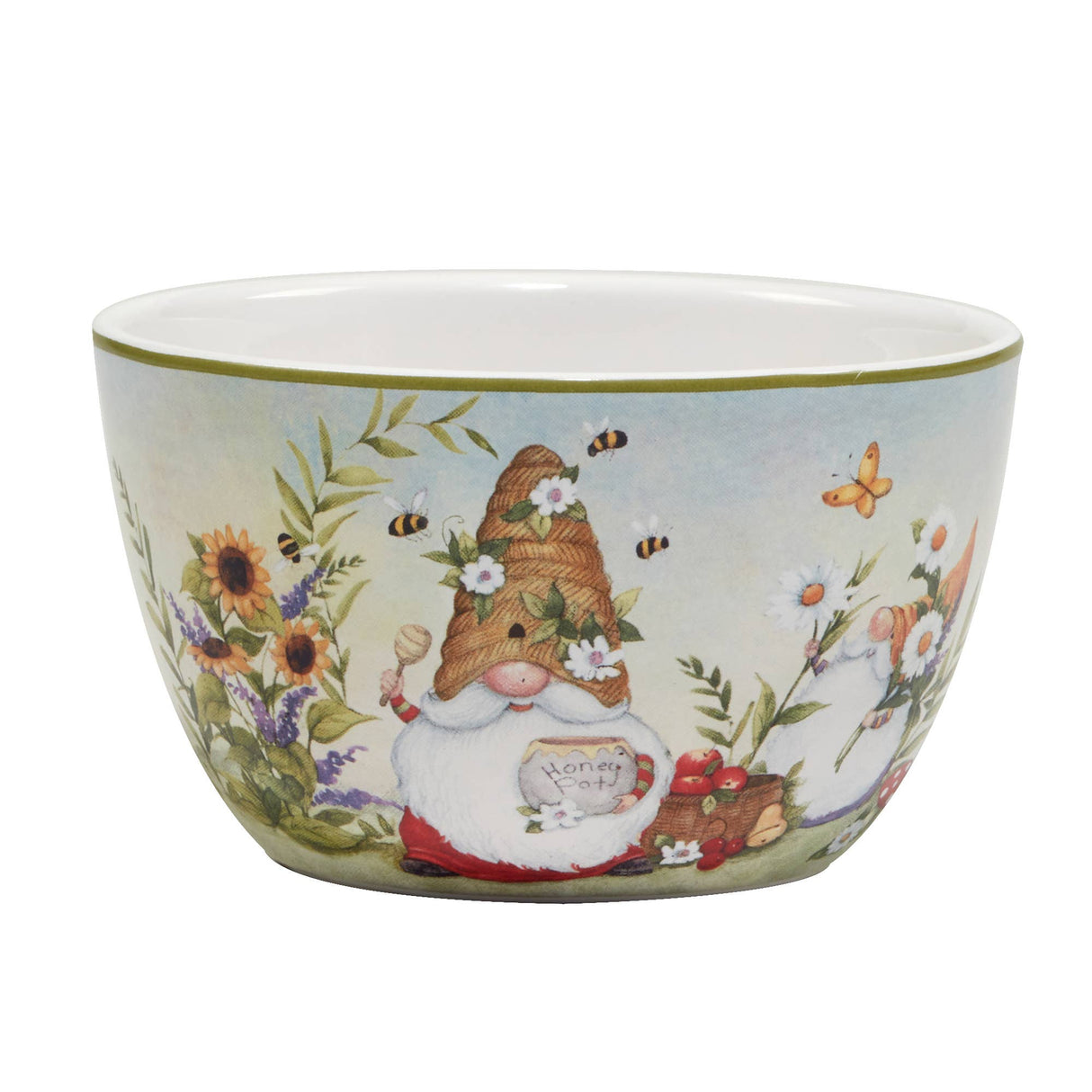 The Garden Gnome Ice Cream Bowl, 5.25in x 3in, features charming garden gnomes, vibrant flowers, bees, a butterfly, and a honey pot amidst lush greenery. Ideal for serving ice cream or enhancing your decor with a touch of magic. Available in four enchanting designs.