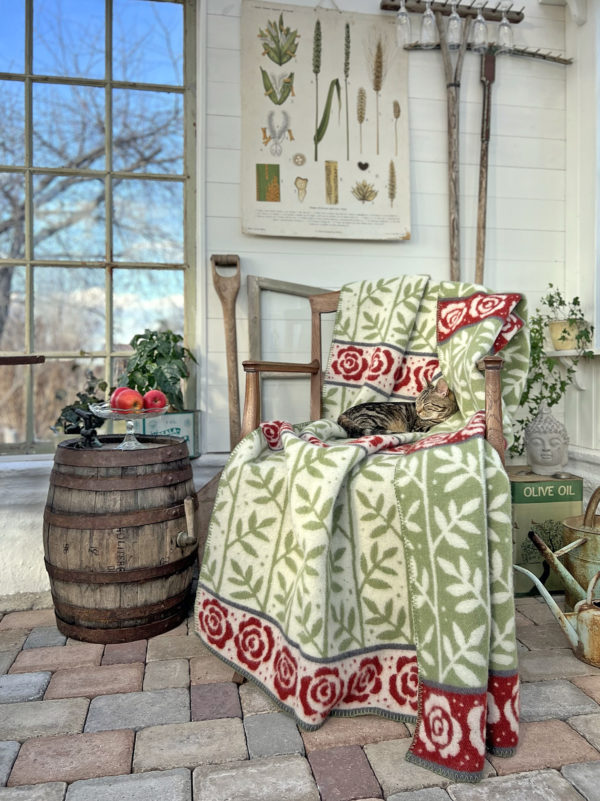 A cat lounges on a Kerstin Landstrom Rose Garden blanket made of 100% Norwegian lambs wool, draped over a wooden chair. Nearby, a barrel table with apples sits beside a rake and plant poster. A large window reveals the tree outside, casting gentle light on this serene scene.