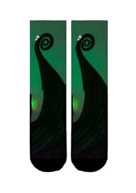 Presenting the Oseberg Ship Socks, designed with green and black swirls reminiscent of a Norwegian vine on a rich gradient background, capturing Viking artistry. Proudly made in Norway.