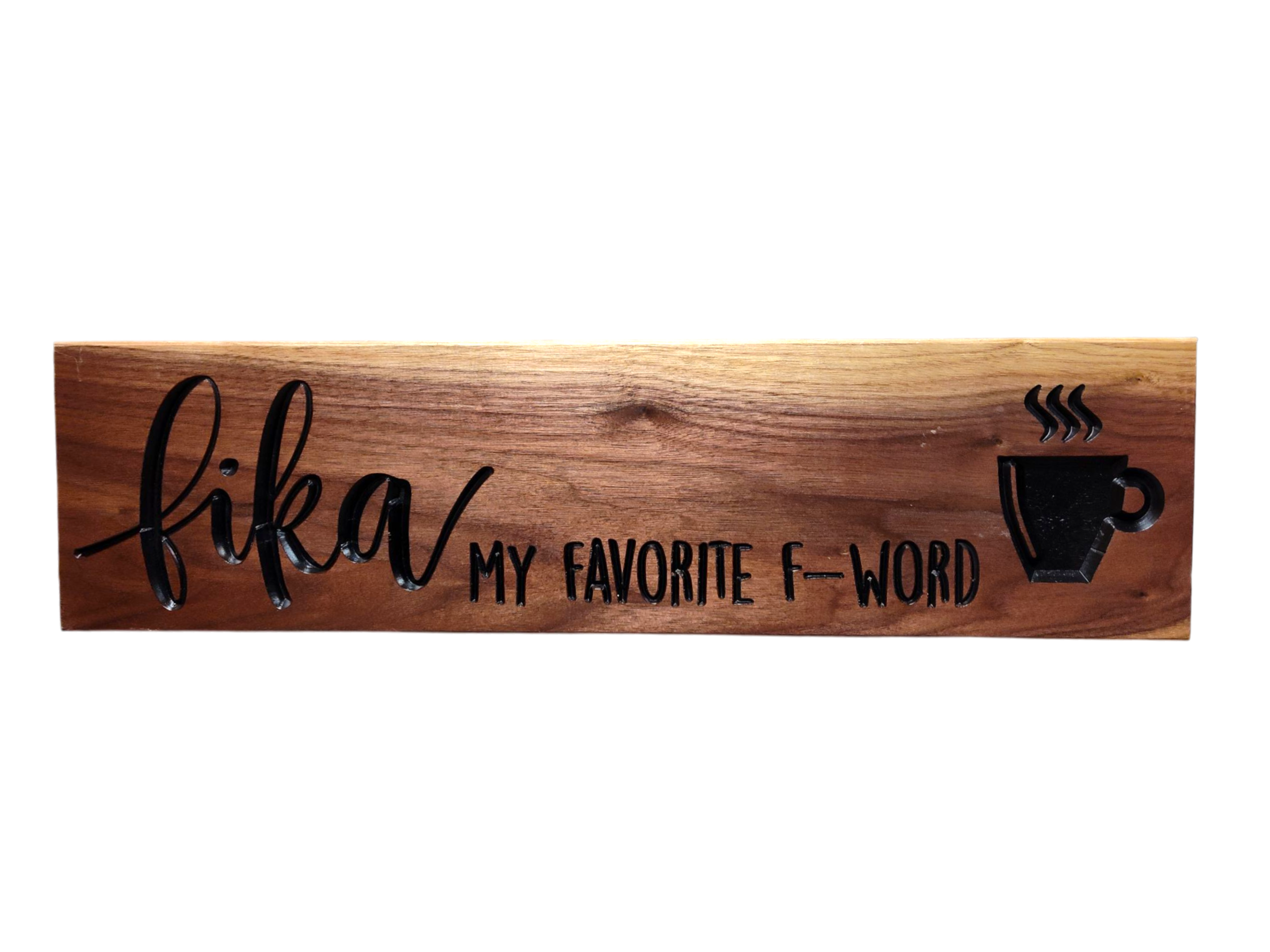 Wall Decor: Fika Wood features the phrase “fika my favorite f-word” with a steaming coffee cup icon—perfect decor to showcase your love for the Swedish coffee break.