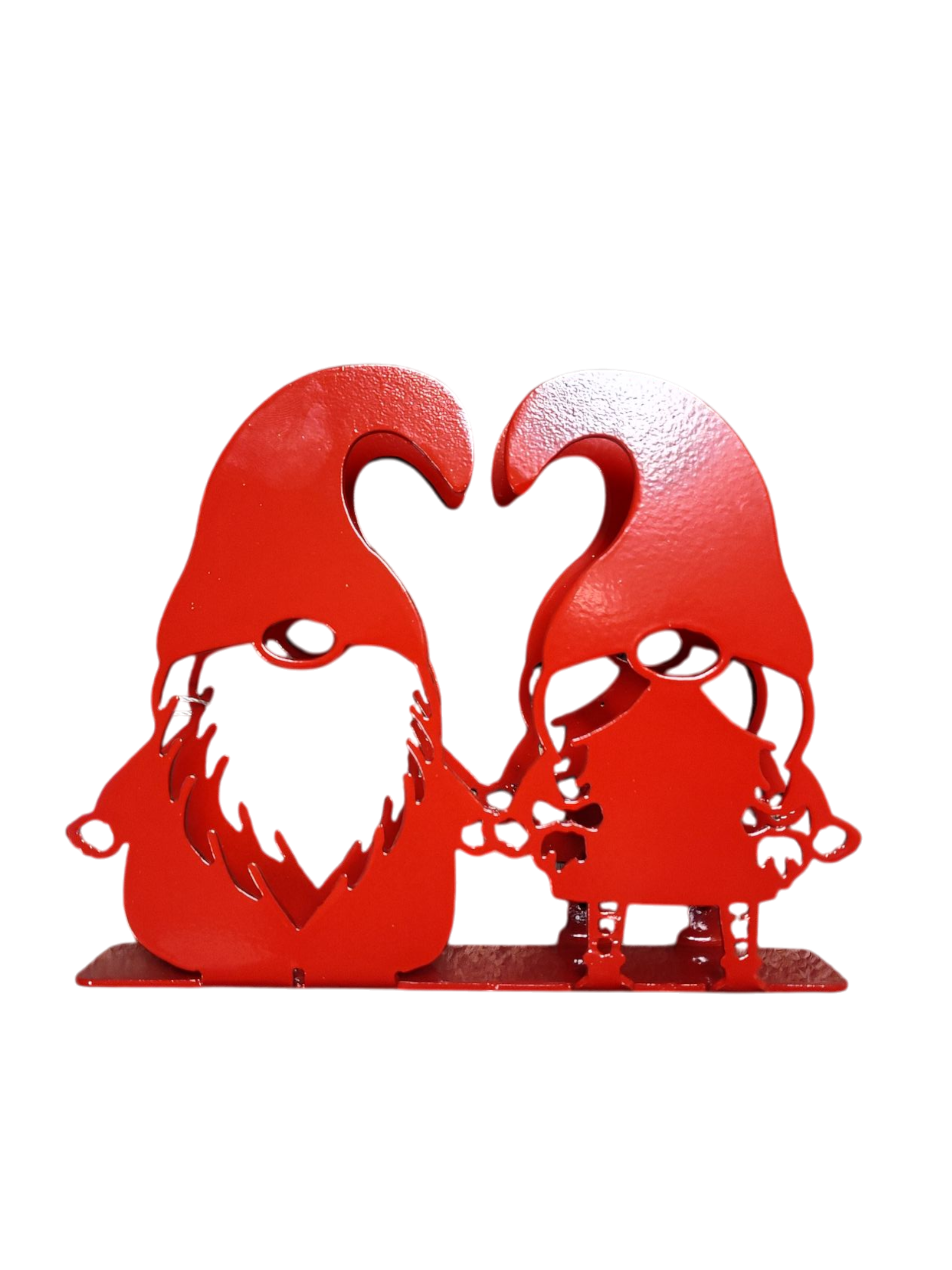 Add Scandinavian charm to your table with this red-painted laser cut metal napkin holder, featuring two Tomte gnomes with large hats and beards—perfect as a decorative or functional napkin or letter holder.