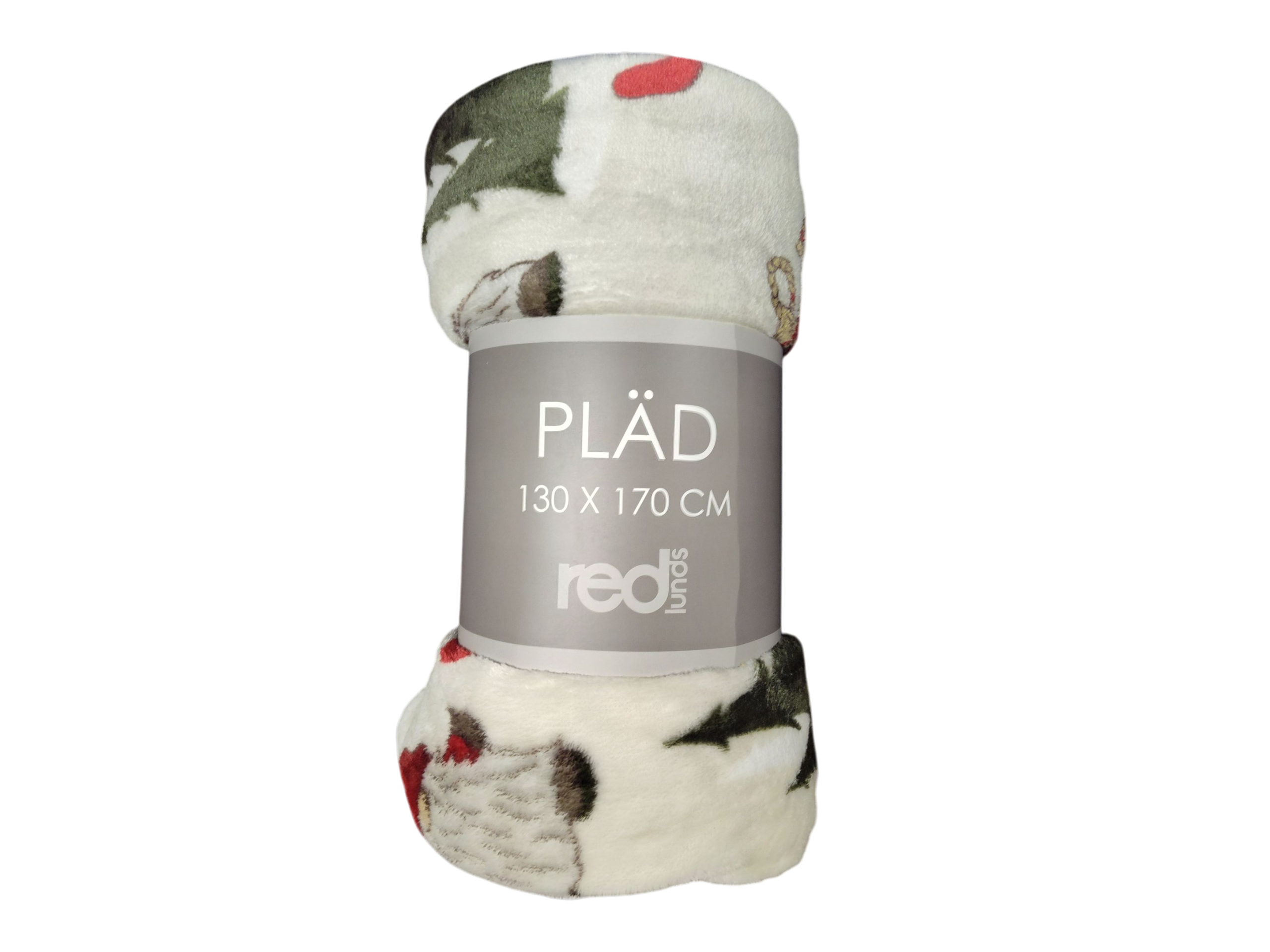 A rolled-up Redlunds Noel Throw Blanket (130 x 170 cm) with a festive Nordic design, labeled on the packaging.