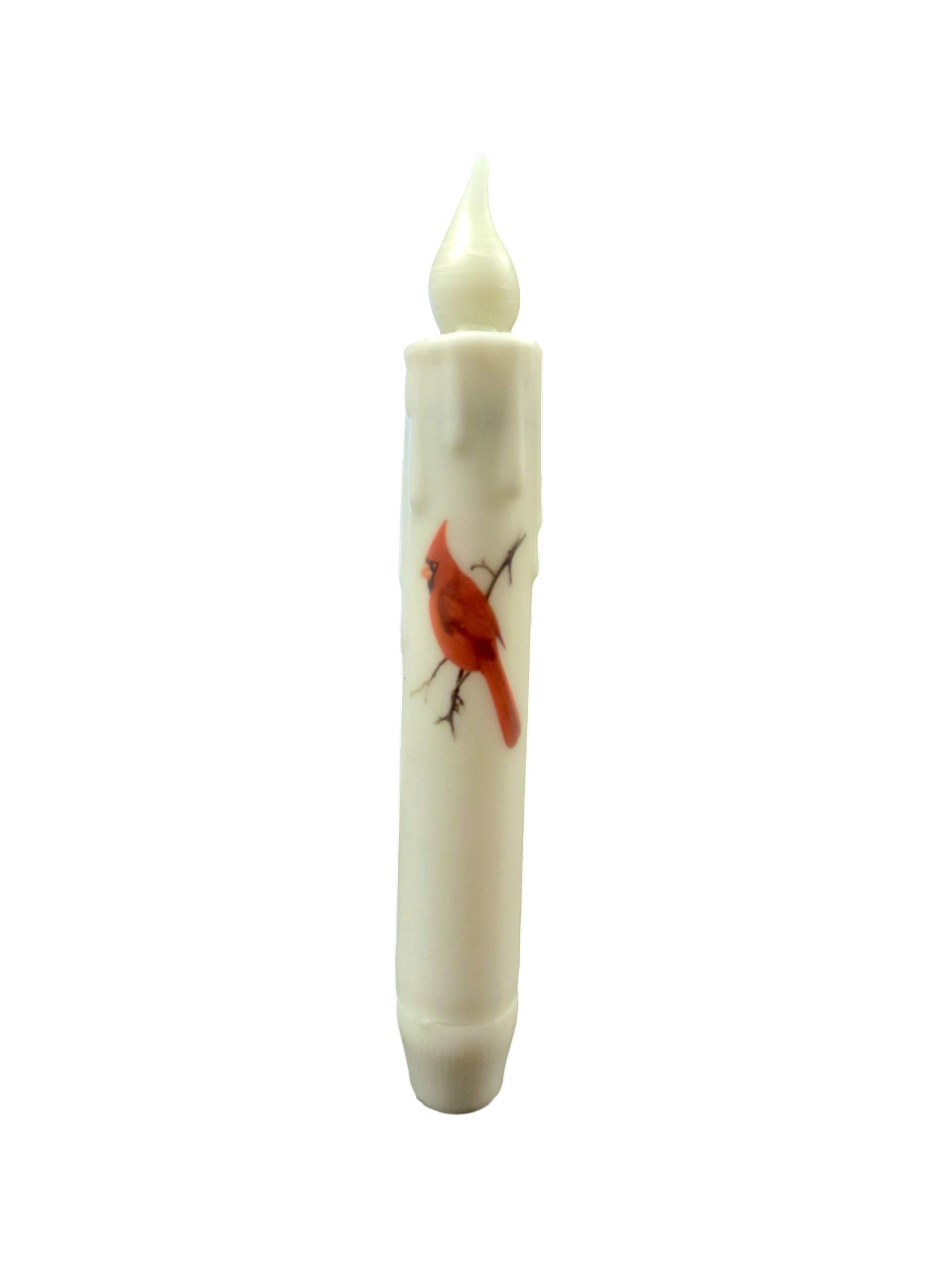 The Candle: Cardinal LED Timer Taper Candle (White, 7") features a painted red cardinal on a branch set against a simple background.