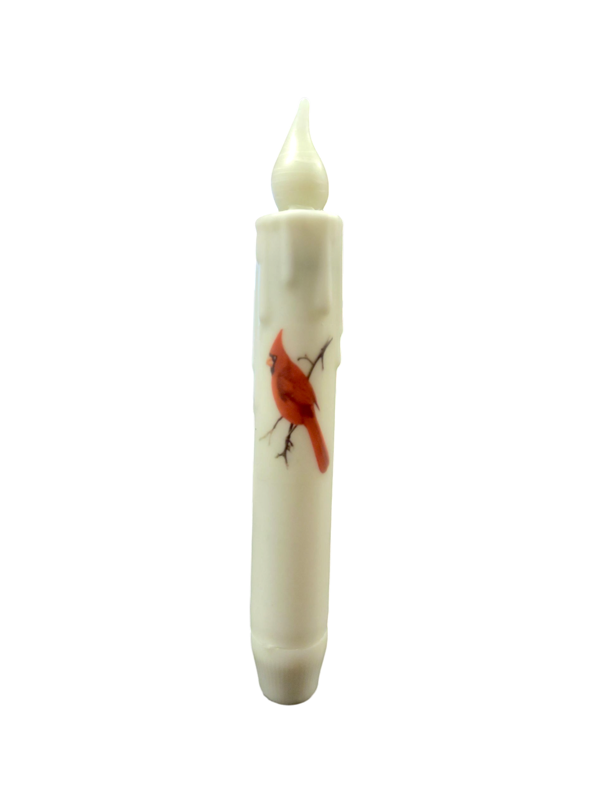 A white 7" LED timer taper candle featuring a red cardinal illustration on the front.
