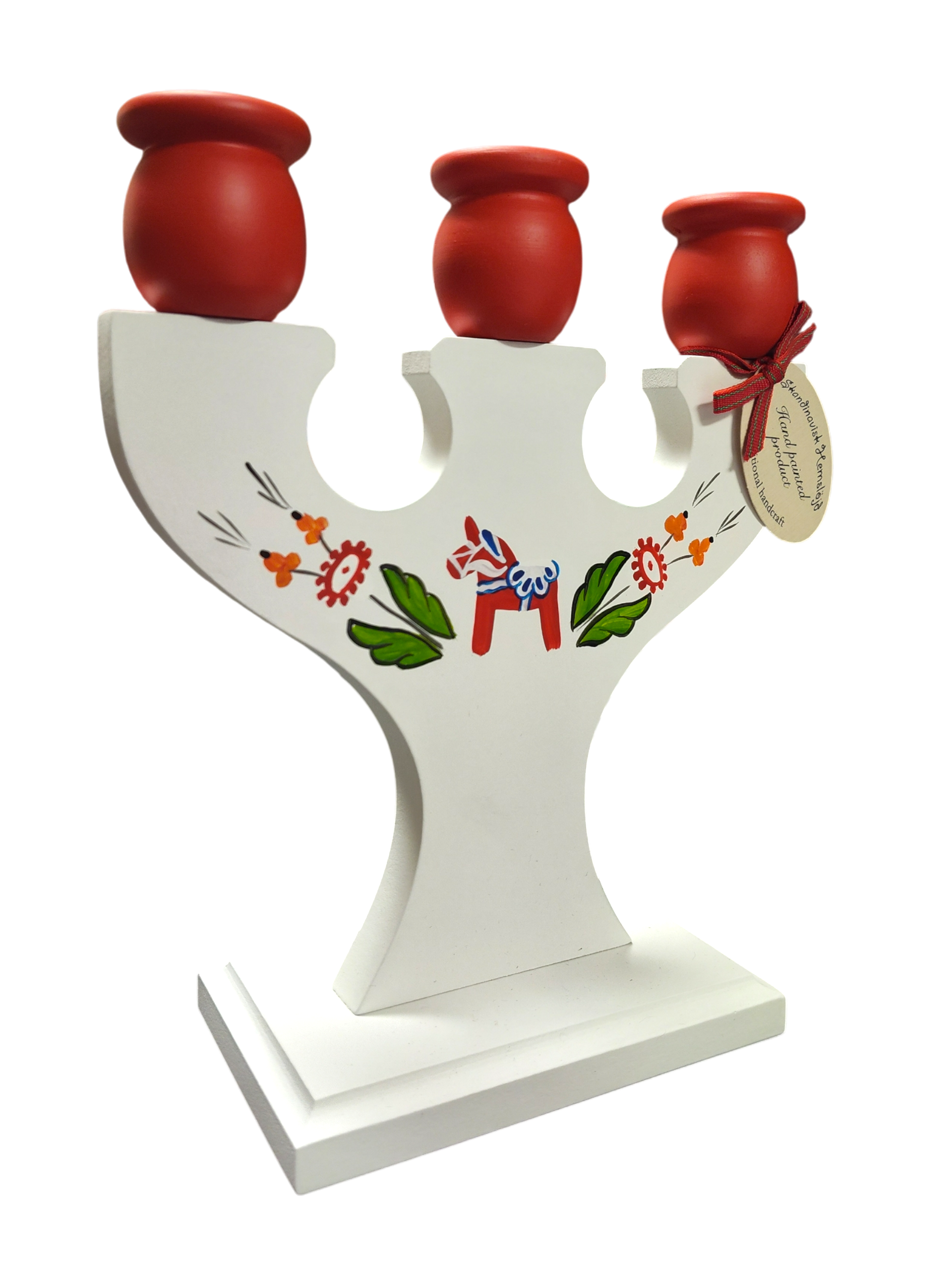 Hand crafted Swedish wooden candle holder with three red cups, hand painted kurbits designs and a blue Dala horse on the front. Includes an attached tag. Holds 3 candles.