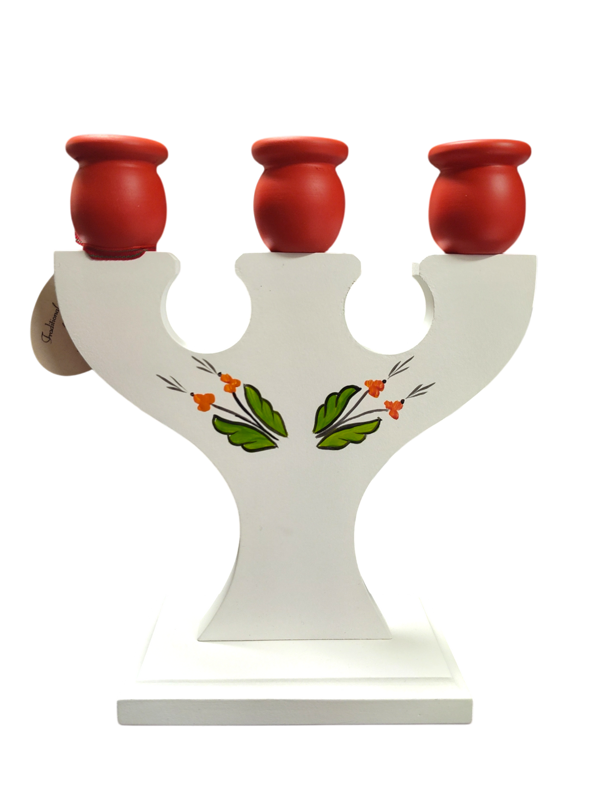 Hand crafted Swedish candle holder featuring a Dala Horse and Kurbits design, holds three candles, with a charming floral motif on the front and stands on a rectangular base.
