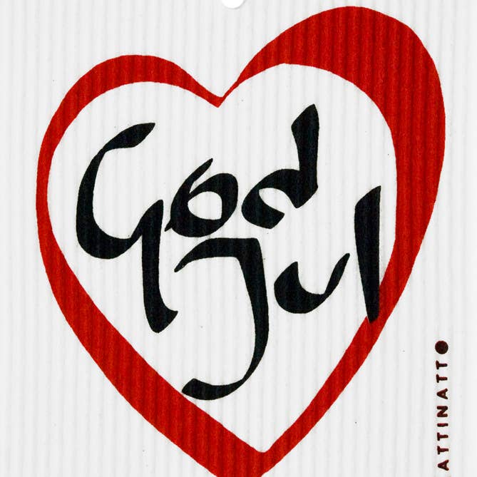 The Dish Cloth: "God Jul" in Heart features a red heart outline with "God Jul" in black on a white background, combining Swedish holiday cheer with eco-friendly materials.