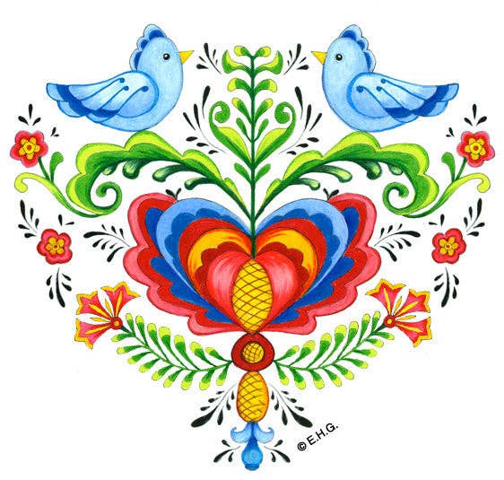 The Magnet: Scandinavian Lovebirds & Swedish Folk Art Heart Shaped Refrigerator Tile Magnet features a white background with a central heart, two blue lovebirds, flowers, and leafy folk art patterns—perfect for Nordic-inspired decor.