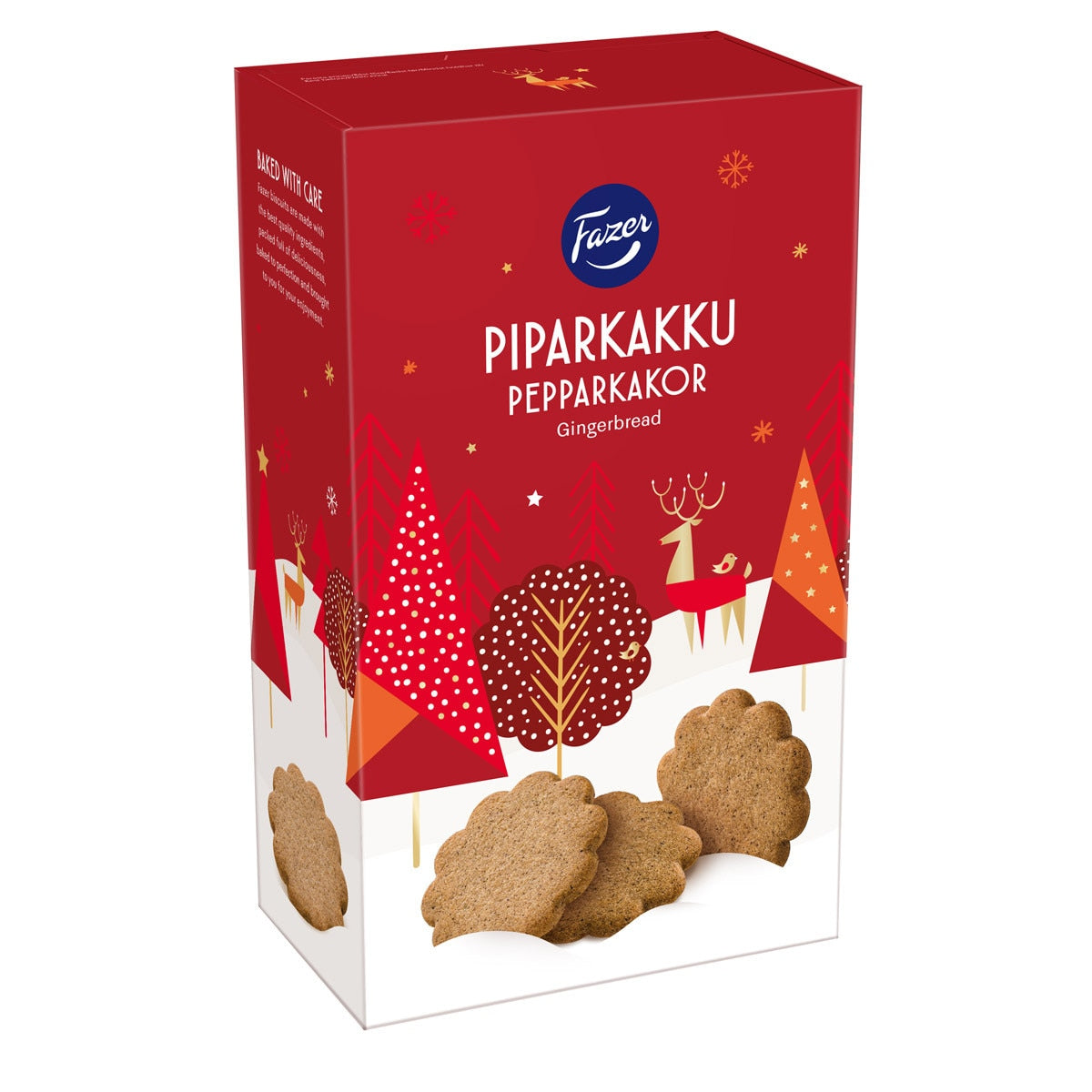 The Fazer Piparkakku "Pepparkakor" Gingerbread 6.17 oz box is red, with illustrated trees and three Finnish Christmas cookies shown at the bottom front.
