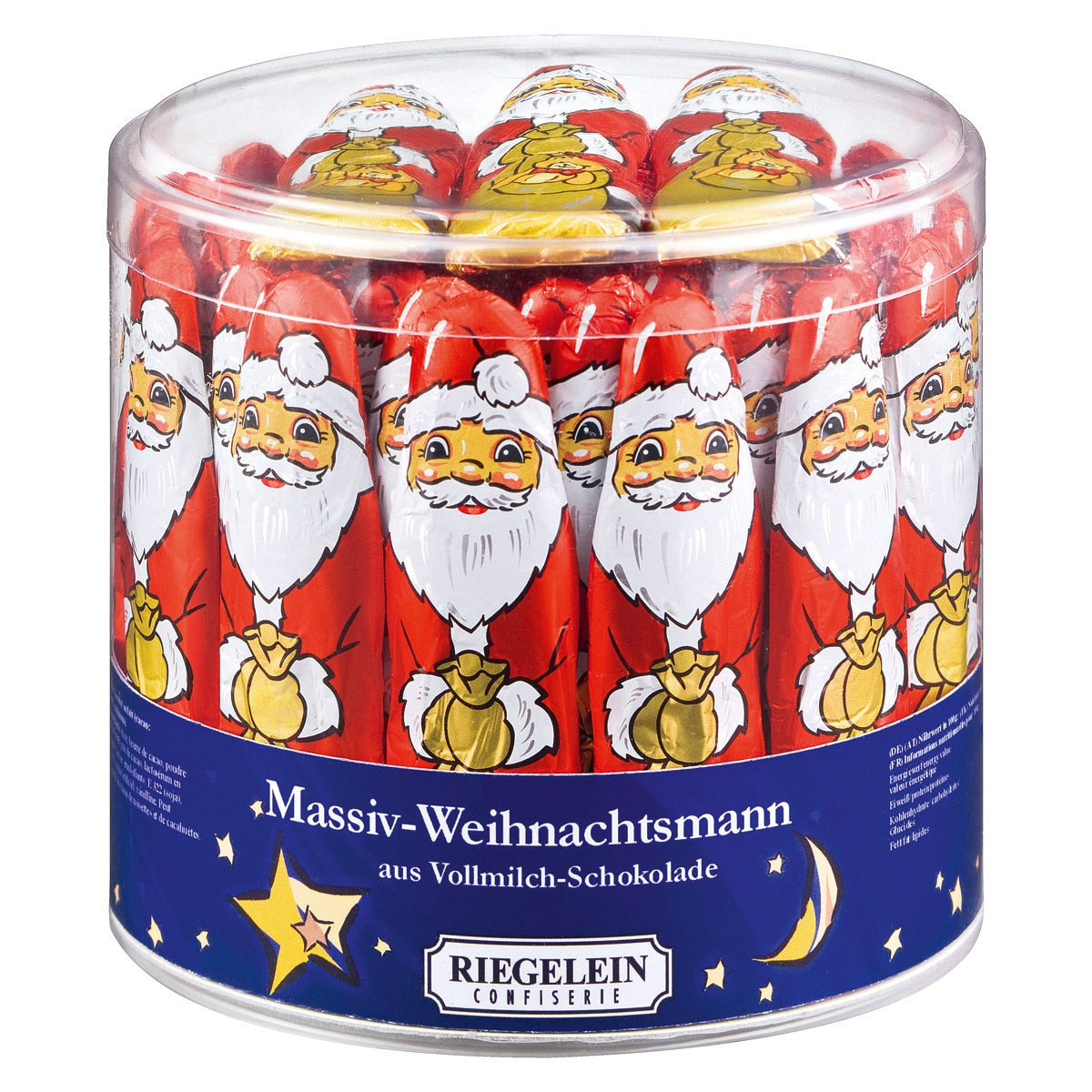 A clear plastic container holds multiple 4" tall, 0.44 oz Riegelein Milk Chocolate Santas in festive foil wrappers. The label reads: Candy: Milk Chocolate Santa in Festive Foil Wrapper 4" Tall .44 oz by Riegelein.