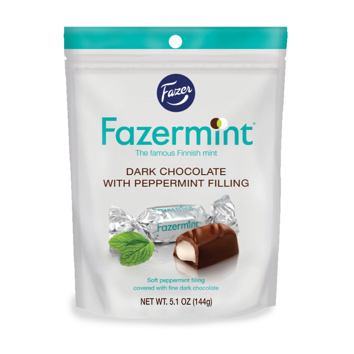 The Candy: Fazer Fazermint - Dark Chocolate with Peppermint Filling (144g) features dark chocolate and fresh peppermint leaves, crafted in Finland, with a net weight of 5.1 oz.