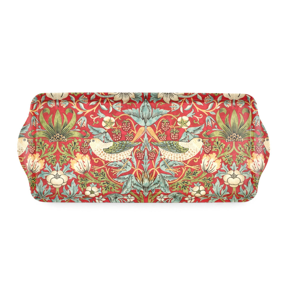 Rectangular melamine tray with a red background, ornate floral pattern inspired by William Morris, and two birds facing each other in the center.