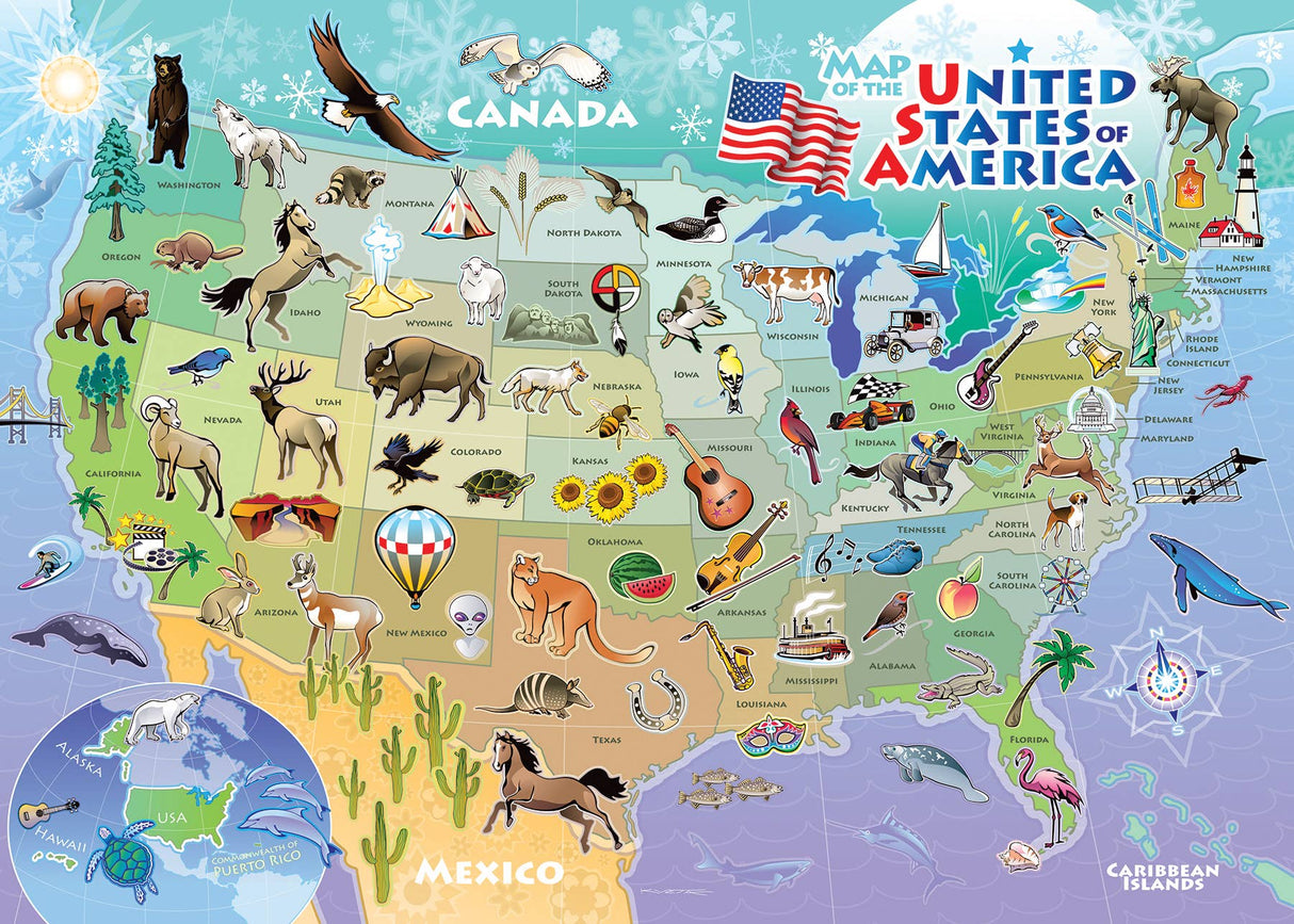 The Puzzle: USA Map (Tray) 35pc features large pieces depicting state animals, symbols, and landmarks. It also partially shows Canada, Mexico, and the Caribbean Islands in a vivid design.