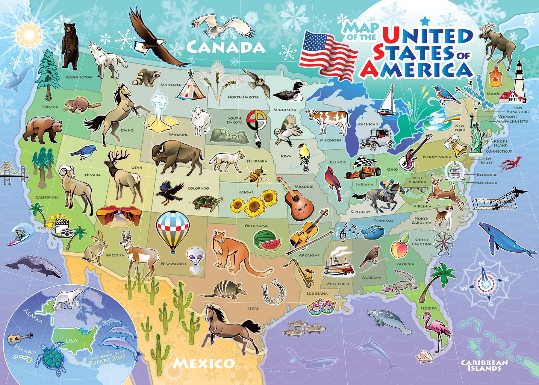 The Puzzle: USA Map (Tray) 35pc features large pieces depicting state animals, symbols, and landmarks. It also partially shows Canada, Mexico, and the Caribbean Islands in a vivid design.