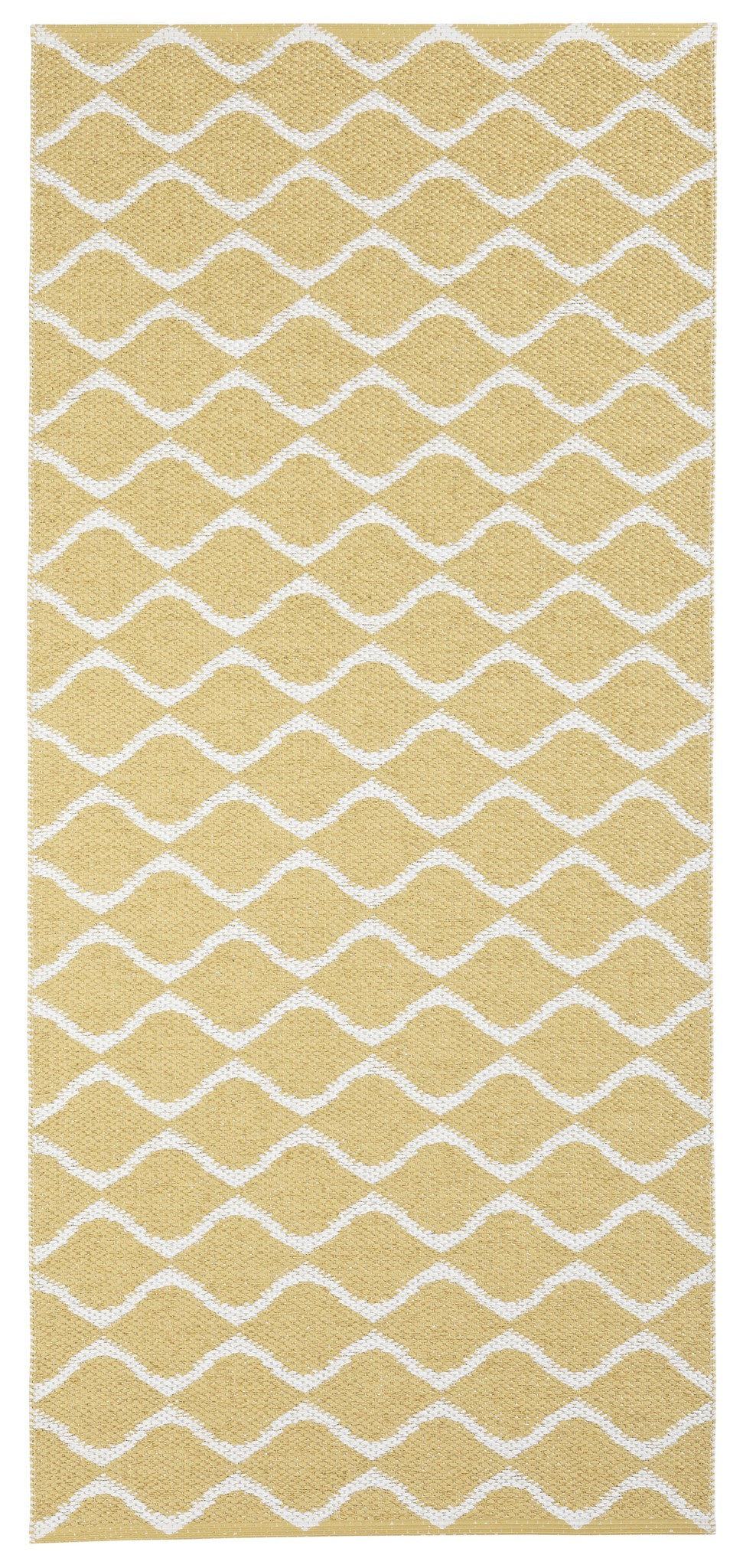 The Vinyl Rug: Horredsmattan - Wave in yellow offers a white wavy check pattern, ideal for both indoor and outdoor use.