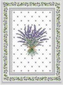Bouquet of lavender tied with twine on a white background with polka dots, bordered by green decorative leaves.