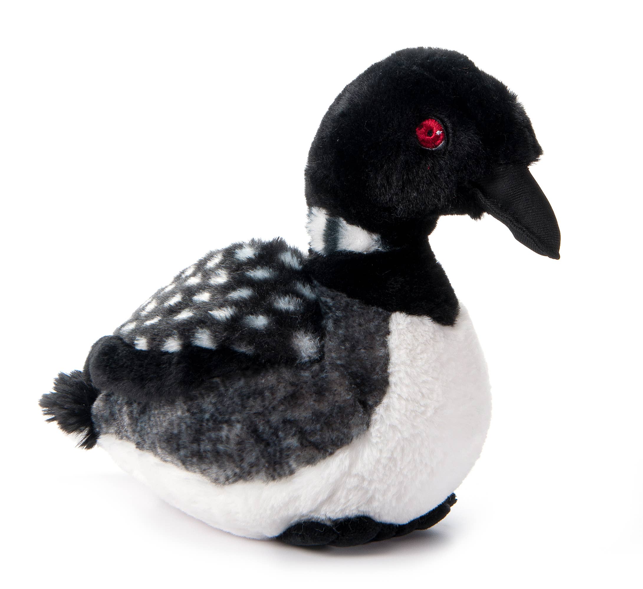The Earth Keeperz Loon Plush is a 12 long by 10 high sustainable stuffed animal, featuring black, white, and grey coloring with red eyes and a pointed beak. Made from recycled plastic. Shown against a white background.